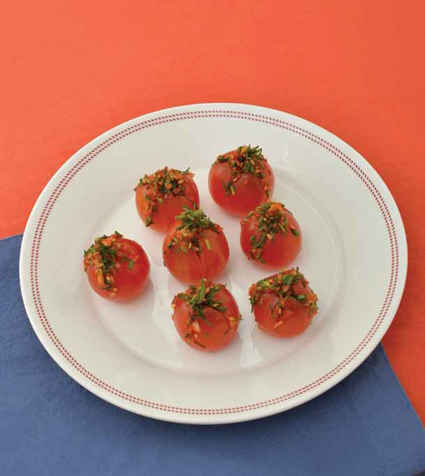 Bangul Tomato Sobagi (Korean Stuffed Cherry Tomato Kimchi)