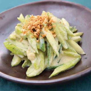 Sundubu Sagwa Sosu Oi Muchim (Cucumber Salad with Soft Tofu and Apple Dressing)